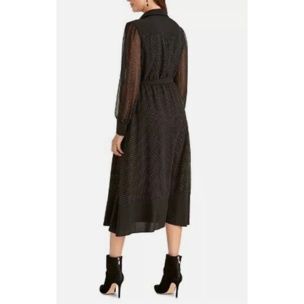 Rachel Roy Black Sheer Arm Gold Dot Midi Dress Size 8 - Picture 2 of 12